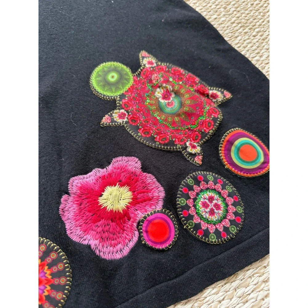 Desigual Black Long Sleeve Dress Floral Embroidery Applique Scoop Neck Y2K‎ midi